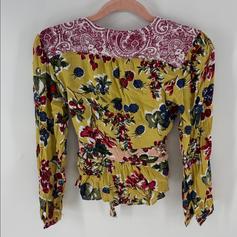 Anthropologie Meadow Rue Yellow Pink Floral Fruit long sleeve Wrap Blouse women0 - Picture 5 of 5